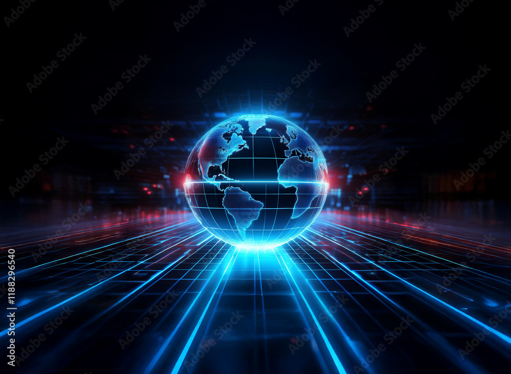 Obraz premium A glowing digital globe hovers above a futuristic, gridded highway of light streaks, symbolizing global connectivity and technological advancement.
