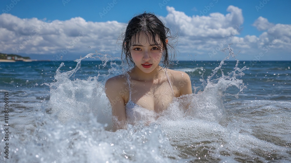 Stunning Asian Woman Emerging from Ocean Waves Stunning Asian Woman Emerging from Ocean Waves