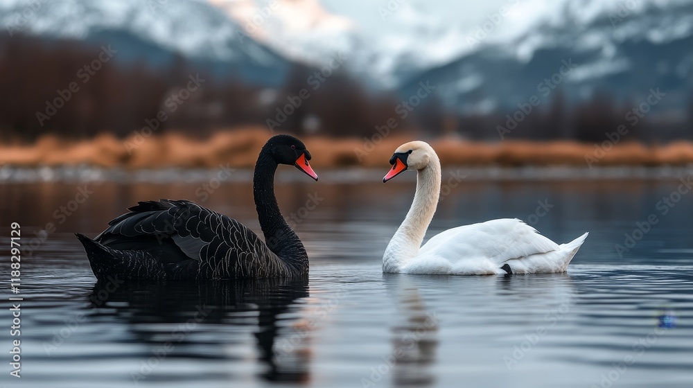 Black and white swans in serene mountain lake Black and white swans in serene mountain lake
