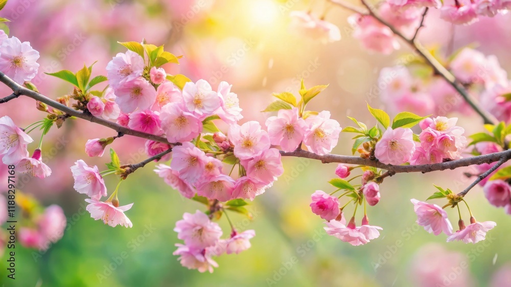Pastel pink cherry blossom tree branches in a soft focus, surrounded by delicate green leaves and gentle morning dew, creating a serene and peaceful atmosphere , pastel colors, cherry blossoms Pastel pink cherry blossom tree branches in a soft focus, surrounded by delicate green leaves and gentle morning dew, creating a serene and peaceful atmosphere , pastel colors, cherry blossoms