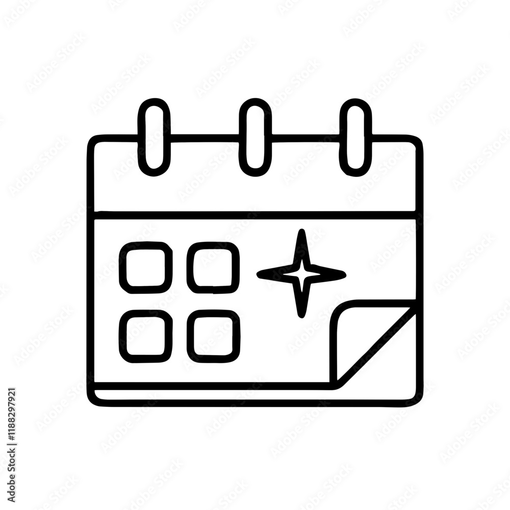 Icon.Simple calendar icon with pages and star detail, minimal design, copy space
Icon.Simple calendar icon with pages and star detail, minimal design, copy space