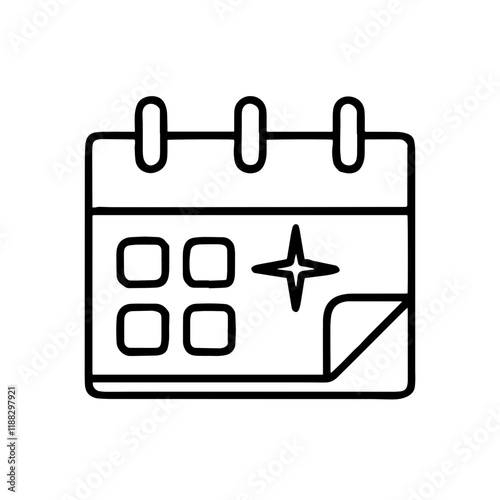 Icon.Simple calendar icon with pages and star detail, minimal design, copy space
