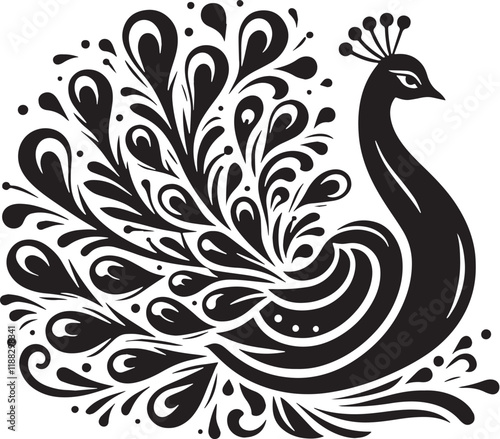 Peacock Silhouette line art vector illustration on white background photo