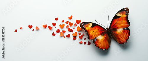 Peacock butterfly in flight with heart shaped wings on a white background creating an incredible scene of gentle subtle scenes, strong color contrast, hyper detailed photography. Text space.
