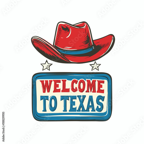 Bold red cowboy hat atop sign celebrating Texas culture and hospitality