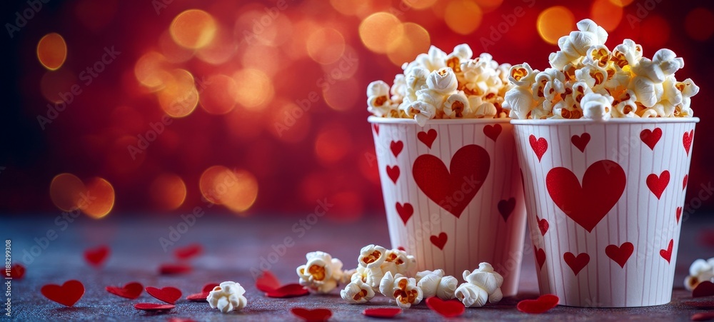 Romantic popcorn buckets with heart patterns against a bokeh background Romantic popcorn buckets with heart patterns against a bokeh background