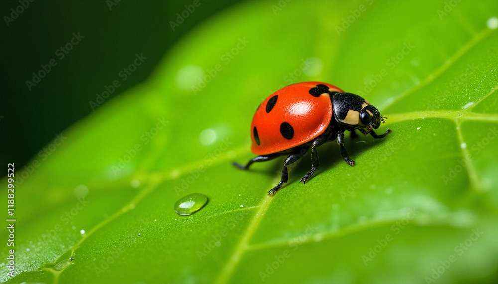 Vibrant red ladybug crawling on green leaf with dew drops, natural beauty Vibrant red ladybug crawling on green leaf with dew drops, natural beauty