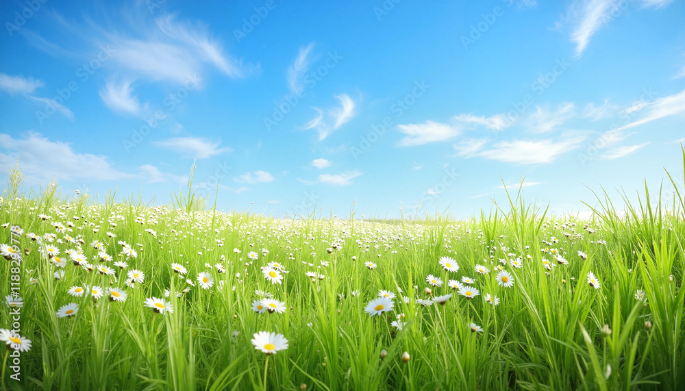 Vibrant daisies swaying in meadow under clear blue sky, nature's beauty Vibrant daisies swaying in meadow under clear blue sky, nature's beauty
