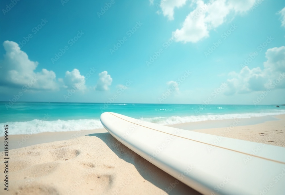 Surfboard on sand tropical beach sea and sky background summer vacation Surfboard on sand tropical beach sea and sky background summer vacation
