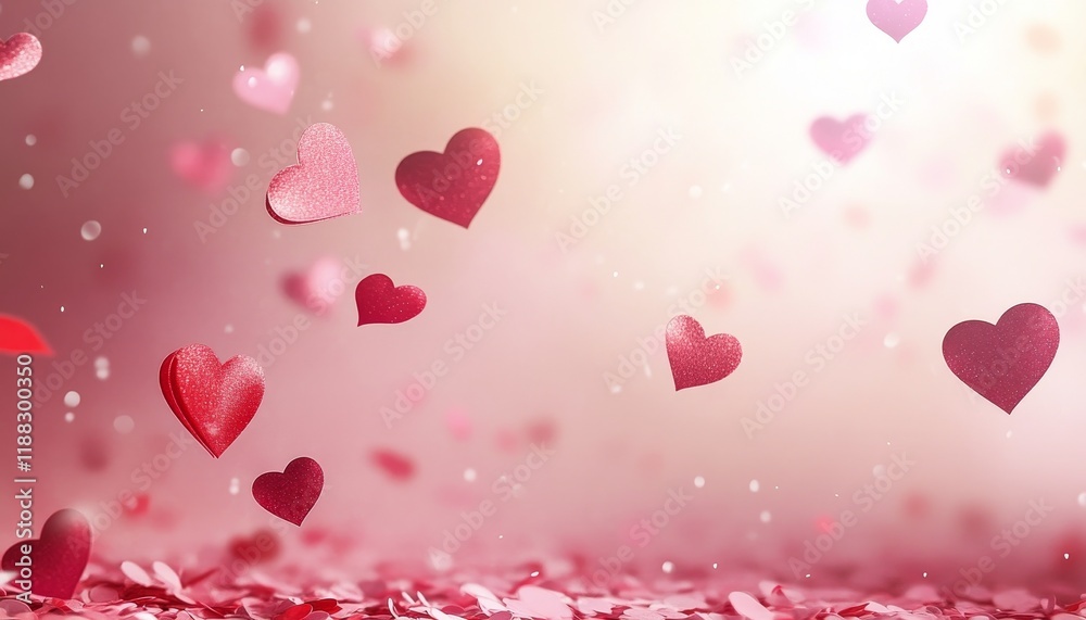 Floating red hearts on soft pink background with glittering particles Floating red hearts on soft pink background with glittering particles