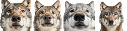 Majestic Wolves in Natural Habitat Showcase Intense Canine Predatory Behavior  A dramatic close up portrait of a pack of powerful alert grey wolves in their natural forest environment photo