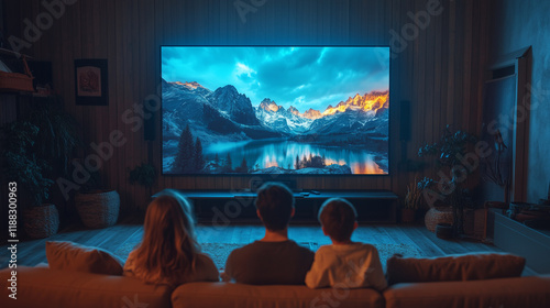 Family watching a movie on a large TV at home, at night. The father, mother, and children are sitting together on the sofa, enjoying a film or series with surround sound.