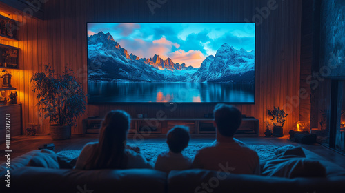 Family watching a movie on a large TV at home, at night. The father, mother, and children are sitting together on the sofa, enjoying a film or series with surround sound.