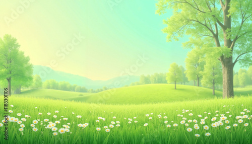 Lush green meadow with blooming flowers in pastel hues, Spring Equinox photo