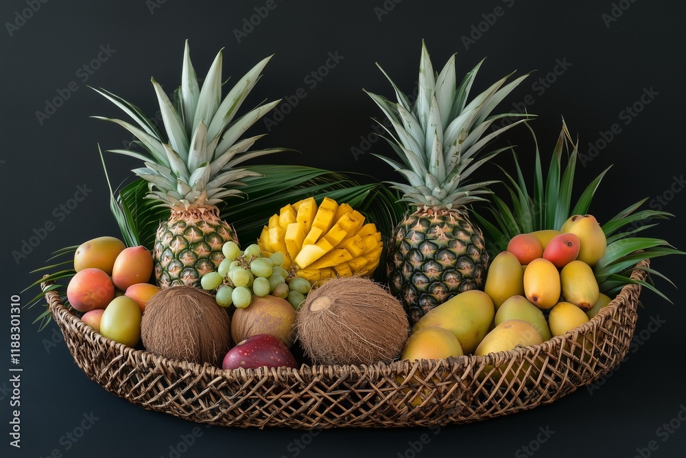 A display of tropical fruits, including pineapples, mangoes, and coconuts, arranged on woven baskets. A display of tropical fruits, including pineapples, mangoes, and coconuts, arranged on woven baskets.