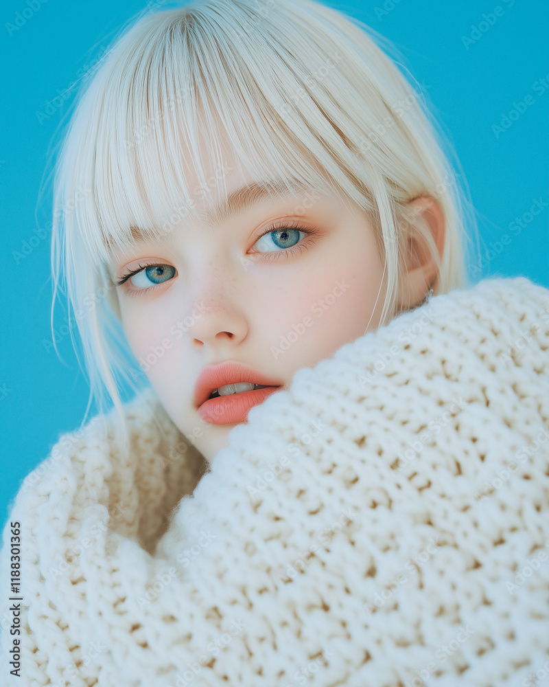 Portrait of Young Girl with Blonde Hair and Knitted Scarf Portrait of Young Girl with Blonde Hair and Knitted Scarf