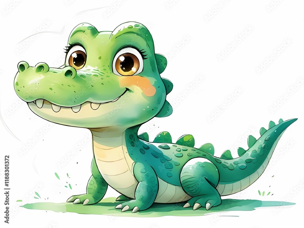 Fototapeta premium Cute green crocodile on white background. Perfect idea for drawing clipart, children's book, nursery decor, educational materials and birthday party. 