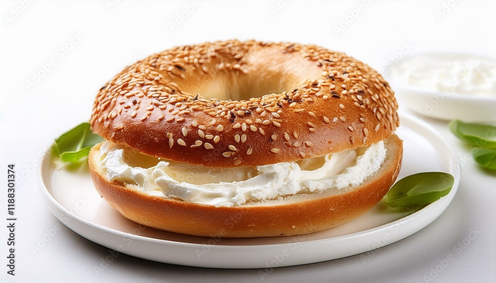 Single sesame bagel with cream cheese in a plate on white background Single sesame bagel with cream cheese in a plate on white background