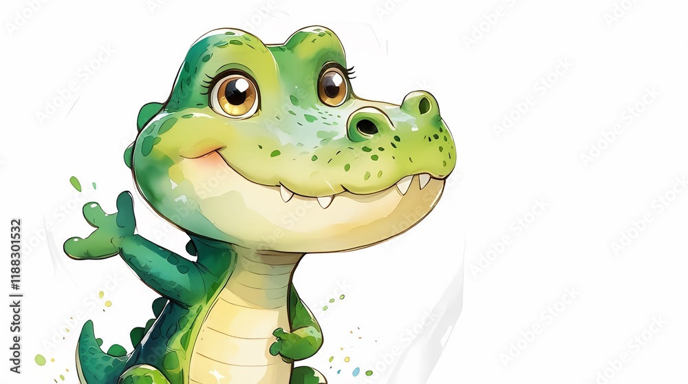 Fototapeta premium Watercolor cute green crocodile on white background. Perfect idea for drawing clipart, children's book, nursery decor, educational materials and birthday party. 