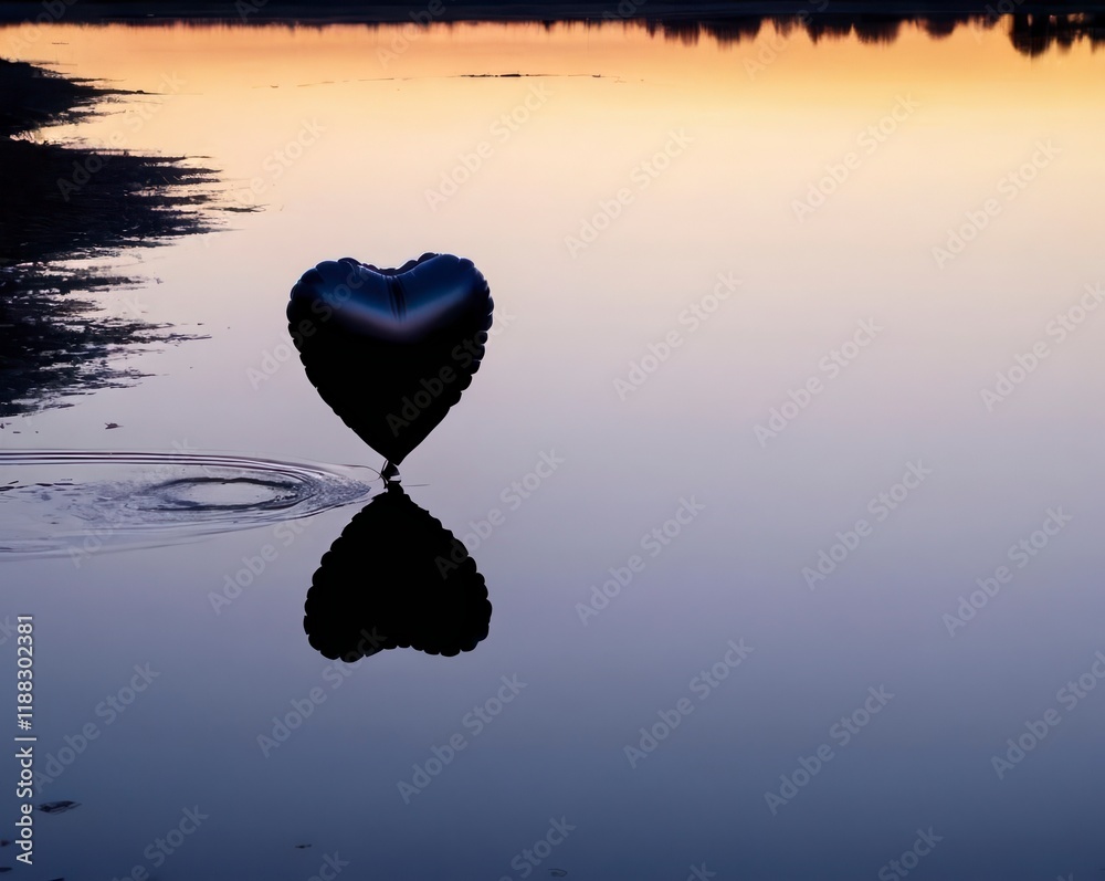 Fototapeta premium Heart-Shaped Balloon Reflecting on a Tranquil Lake at Sunset