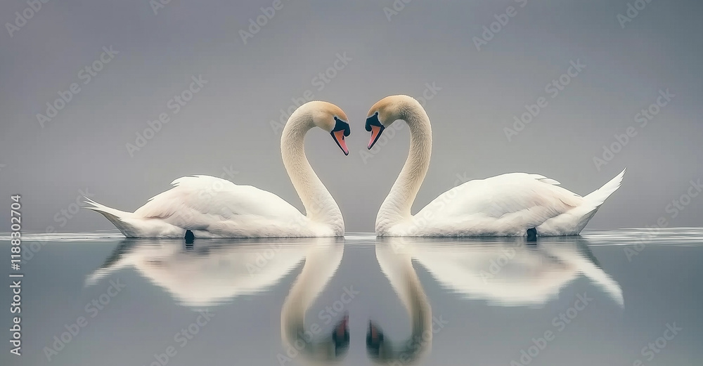 Fototapeta premium Swans Forming Heart Shape on Calm Water, Symbolizing Love and Grace, White Feathers Against Grey Background.