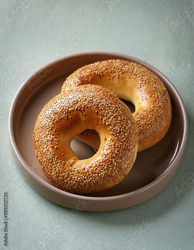 Freshly baked sesame bagels in a plate 