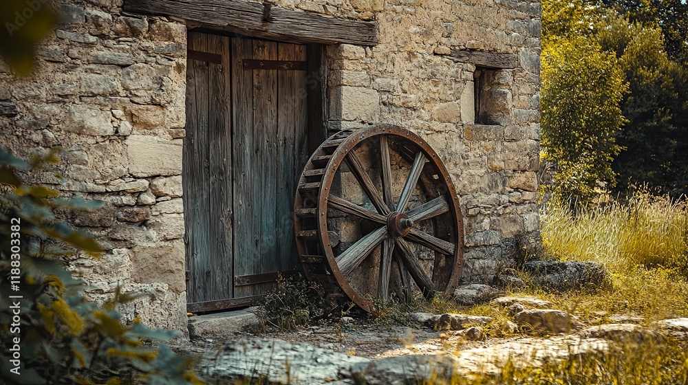 Obraz premium Ancient Stone Building with Vintage Water Wheel