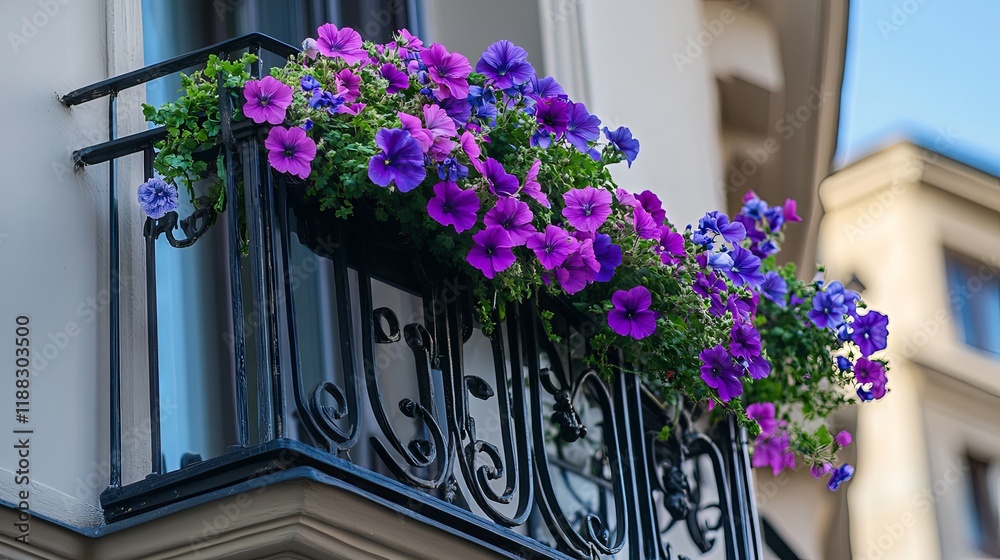 Ornamental Balcony Flowers in Vibrant Purple and Blue Hues Ornamental Balcony Flowers in Vibrant Purple and Blue Hues