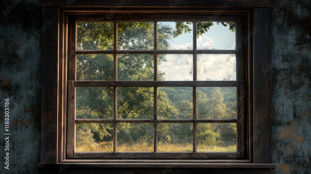 Rustic wooden window overlooking lush greenery and blue sky Rustic wooden window overlooking lush greenery and blue sky