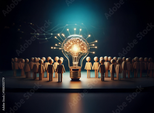 A glowing lightbulb, its filament a brain, illuminates a crowd of small figures.  This symbolizes collective intelligence and innovative thinking.