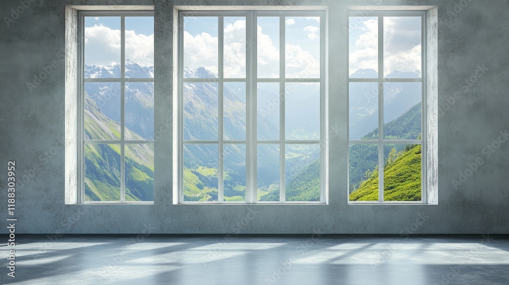 Fototapeta premium Sunny mountain view through large windows in modern minimalist room