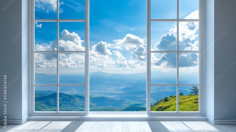 Serene mountain view through large window with blue sky and clouds Serene mountain view through large window with blue sky and clouds