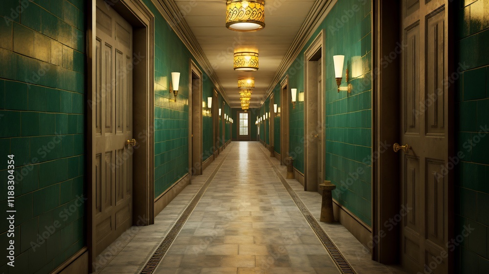 Mysterious Green Corridor: A Long Hallway with Teal Walls and Wooden Doors Mysterious Green Corridor: A Long Hallway with Teal Walls and Wooden Doors