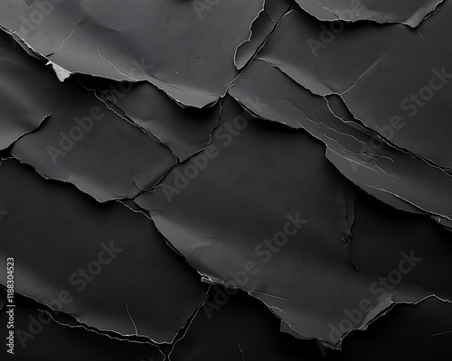 Monochrome black paper texture background with torn edges, captured in high resolution for versatile design applications. photo