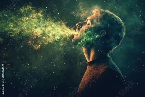 A medical concept of healthy lungs, with a man standing in front of a dark background, demonstrating proper breathing techniques and inhaling.