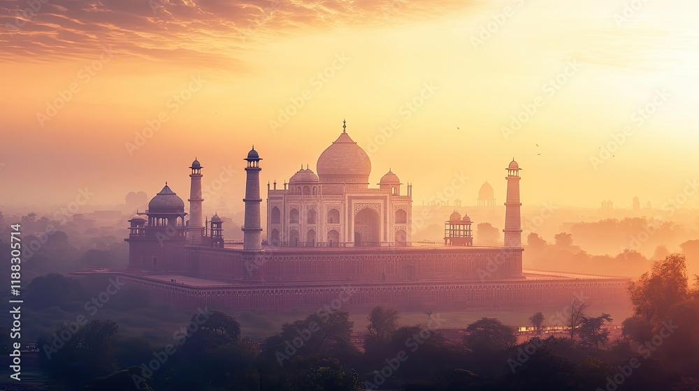 Fototapeta premium The majestic Agra Fort at sunrise, with its red sandstone and marble domes glowing softly. Ample space for text or branding