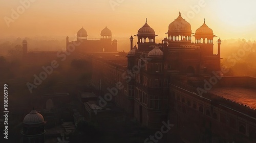 The majestic Agra Fort at sunrise, with its red sandstone and marble domes glowing softly. Ample space for text or branding