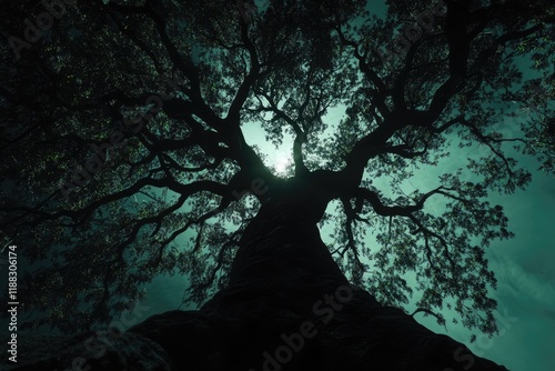 Dark Silhouette Of An Old Ash tree With Fresh Green Crown Viewed Upwards