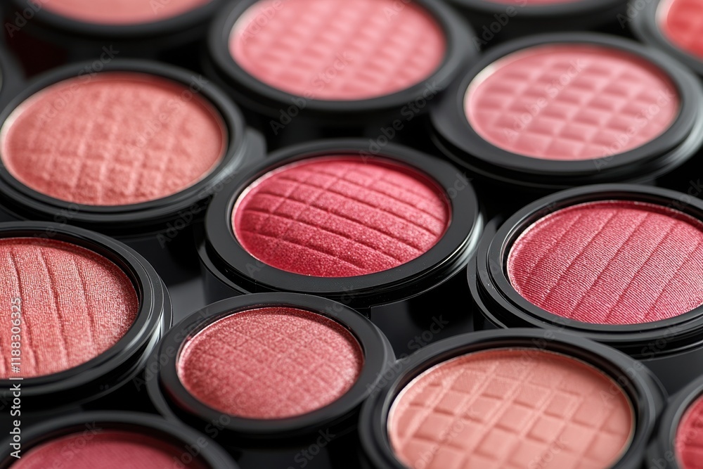 Close-Up View of Various Blush Compacts with Different Textures and Shades Displayed in a Neatly Arranged Pattern on a Black Background Close-Up View of Various Blush Compacts with Different Textures and Shades Displayed in a Neatly Arranged Pattern on a Black Background