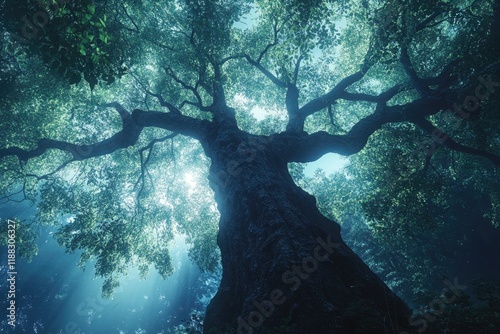 Dark Silhouette Of An Old Ash tree With Fresh Green Crown Viewed Upwards