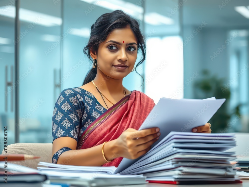 Woman in saree reviewing documents at office desk. Woman in saree reviewing documents at office desk.