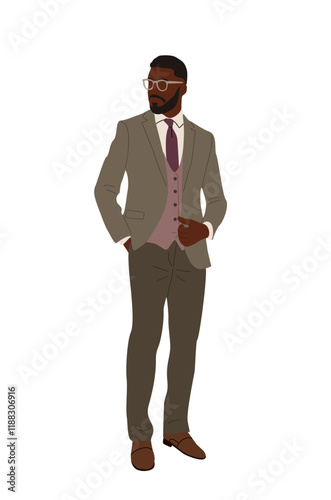Black businessman in formal or black tie outfit. Stylish handsome african american guy wearing suit for formal event, wedding, celebration. Vector illustration isolated on transparent background