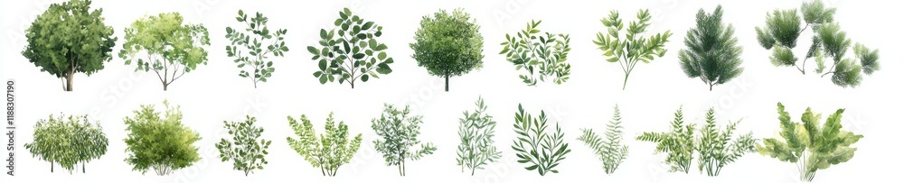 Collection of watercolor green foliage, shrubs, and trees. Collection of watercolor green foliage, shrubs, and trees.