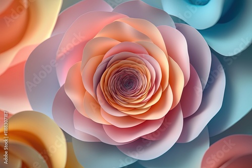 A mesmerizing 3D rendering of pastel paper flowers blooming in a spiral pattern, with candy-colored hues and soft gradients. photo