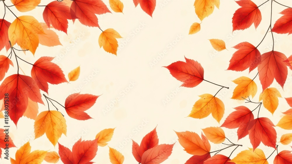 Fototapeta premium A Delicate Frame of Fall Leaves in Vibrant Hues of Red and Yellow on a Soft Beige Background