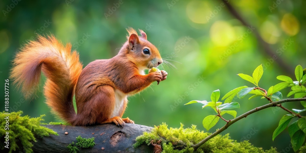 Red squirrel sitting on a branch eating an acorn Red squirrel sitting on a branch eating an acorn