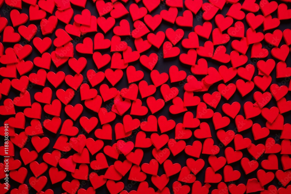 Small red heart shaped cutouts cover frame with dark background Small red heart shaped cutouts cover frame with dark background