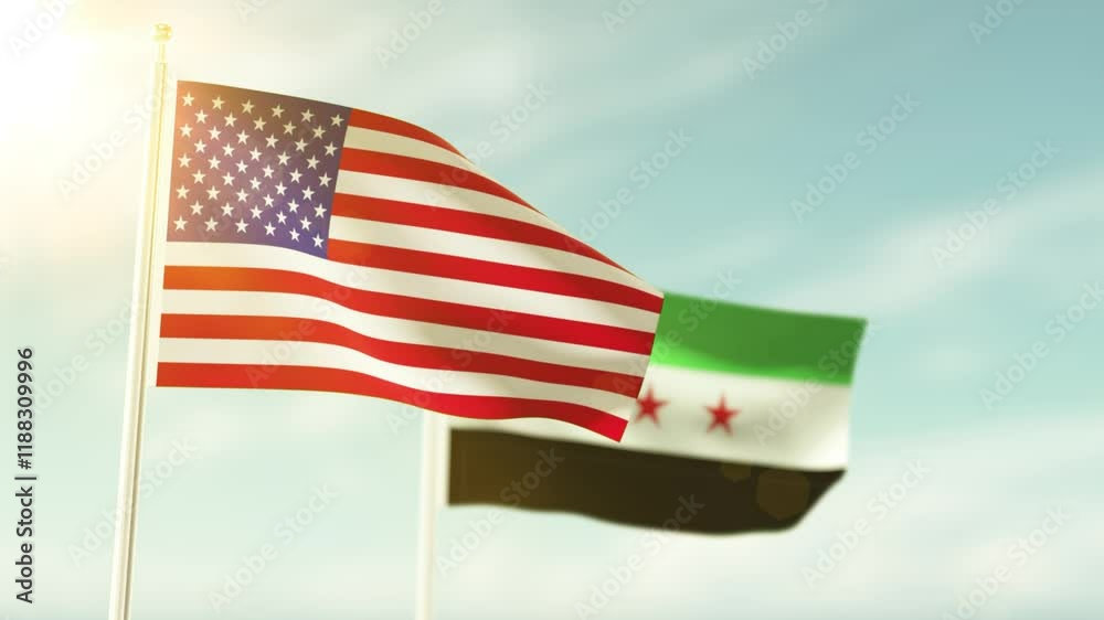 United states flag and Syria flag waving on cloud in sky background. 3D render. 4k Resolution.  