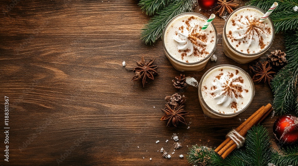 Holiday-themed drinks on a wooden surface, surrounded by seasonal decor like cinnamon sticks and straws. Copy space provided. Holiday-themed drinks on a wooden surface, surrounded by seasonal decor like cinnamon sticks and straws. Copy space provided.