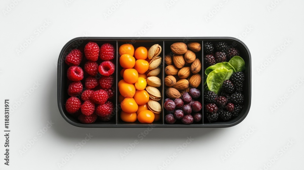 Minimalist lunch box design with healthy snacks like nuts, berries, and vegetables on a clean white background. Minimalist lunch box design with healthy snacks like nuts, berries, and vegetables on a clean white background.